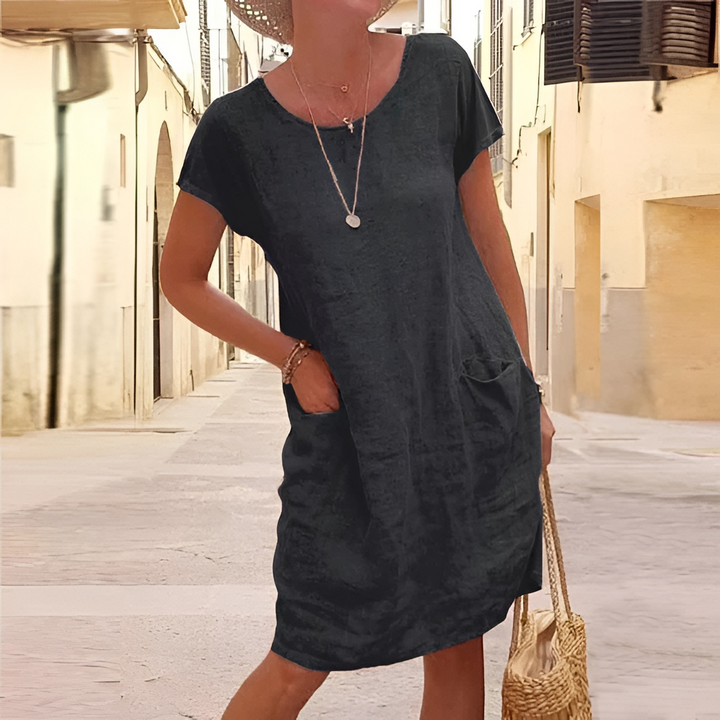 Emilia | Short-Sleeve Midi Dress with Round Neck, Oversized Fit and Front Pockets