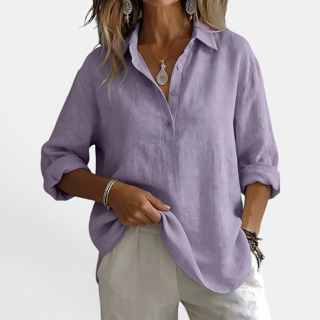 Maxine | Long Sleeve V-Neck Shirt with Partial Button Placket
