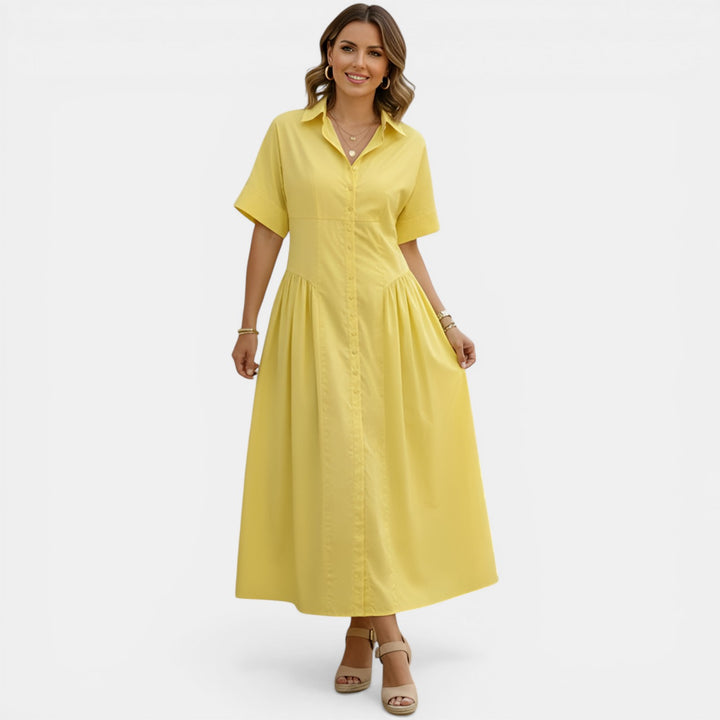Wanda | Short Sleeve Pleated Midi Shirt Dress