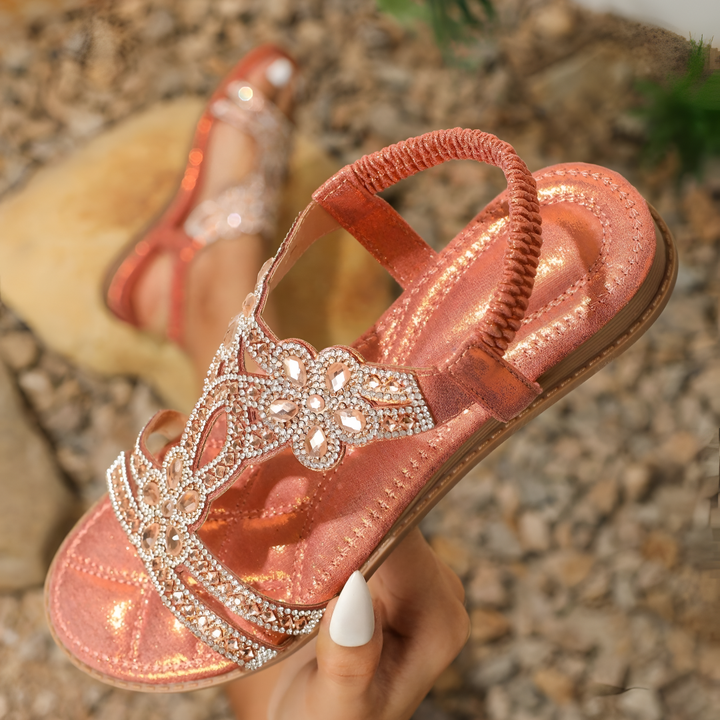 Loretta | Flat Embellished Sandal with Gemstone Floral Straps