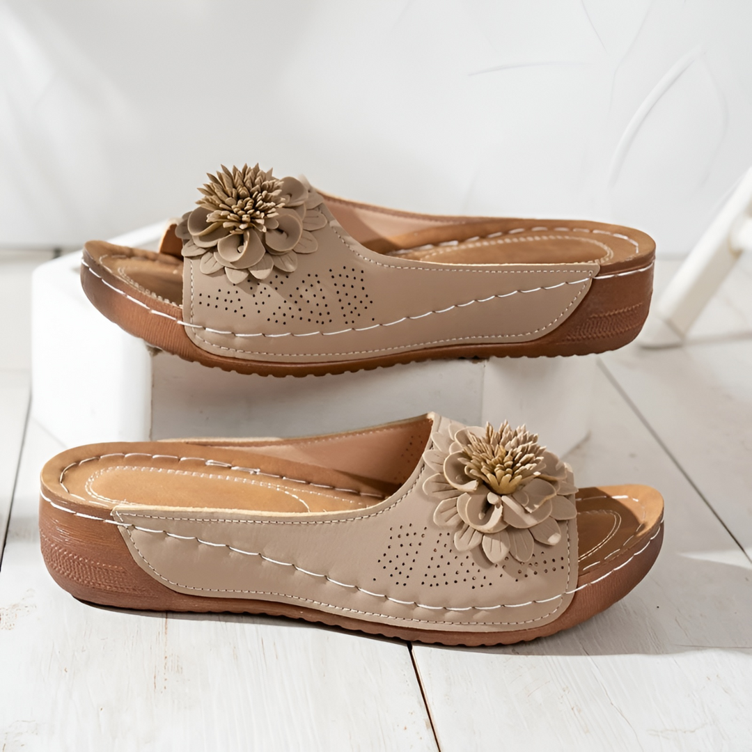 Lucille | Floral Appliqué Low Wedge Slide Sandal