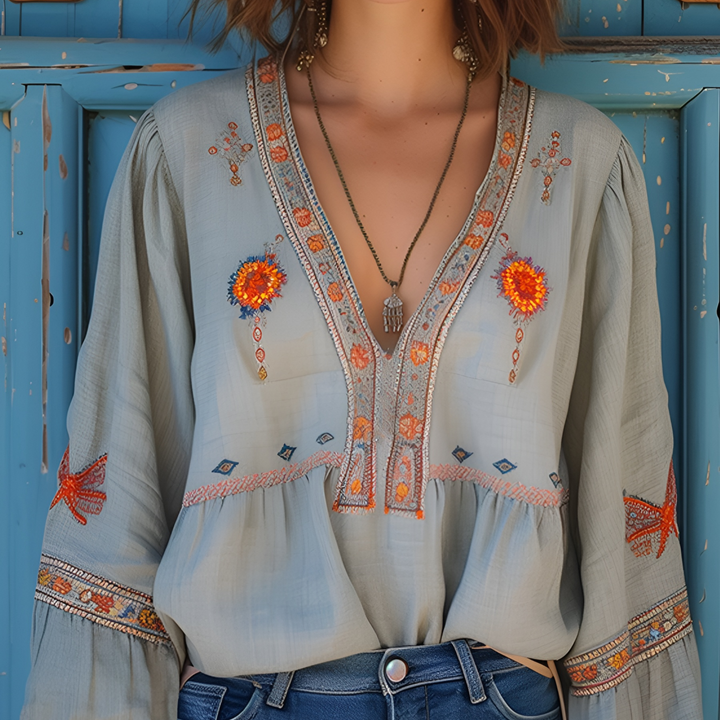 Camille | Boho Embroidered Bell Sleeve Blouse