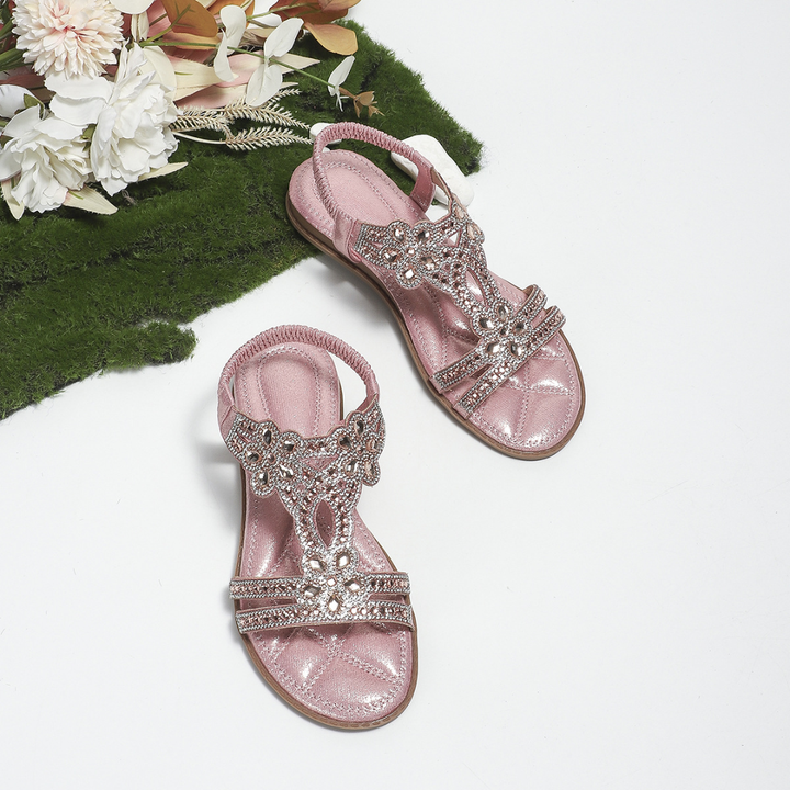 Loretta | Flat Embellished Sandal with Gemstone Floral Straps