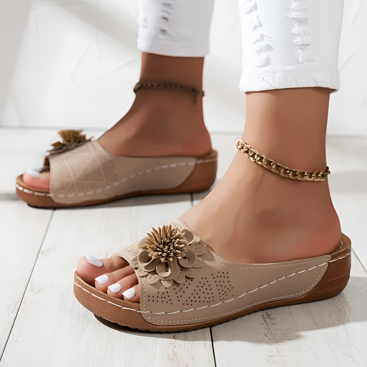 Lucille | Floral Appliqué Low Wedge Slide Sandal