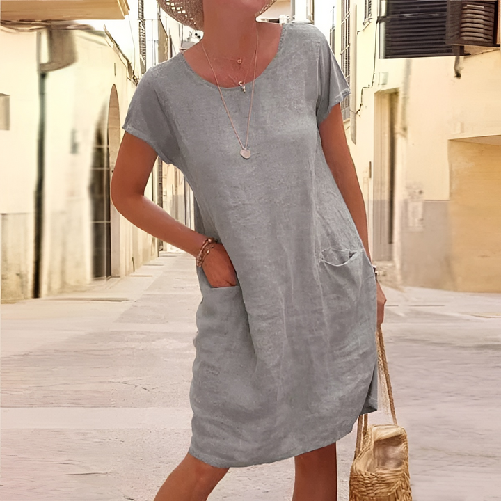 Emilia | Short-Sleeve Midi Dress with Round Neck, Oversized Fit and Front Pockets