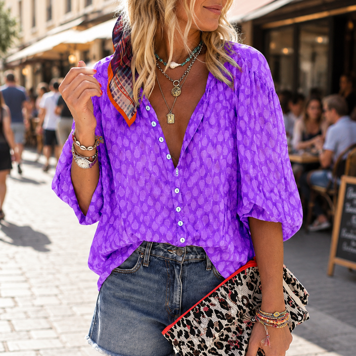 Emma | Three-Quarter Sleeve Button-Front Blouse with Dot Print