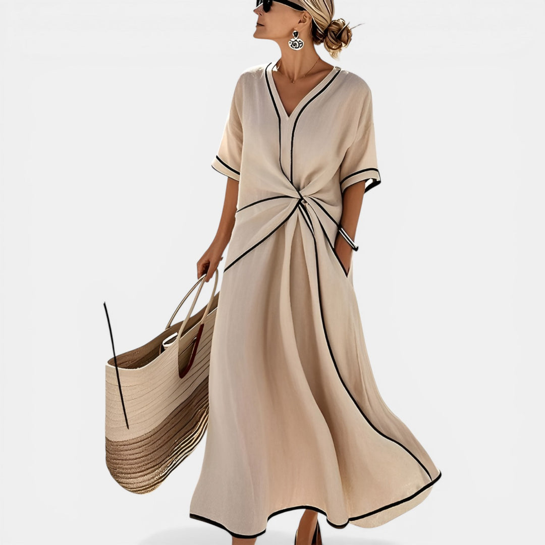 Ramona | Wrap V-Neck Contrast Trim Maxi Dress