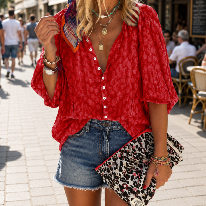 Emma | Three-Quarter Sleeve Button-Front Blouse with Dot Print