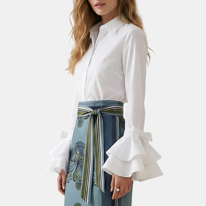 Irene | Long Sleeve Ruffle Cuff Button-Up Blouse