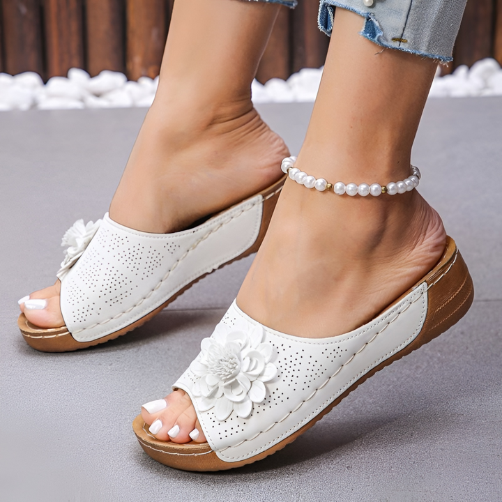 Lucille | Floral Appliqué Low Wedge Slide Sandal