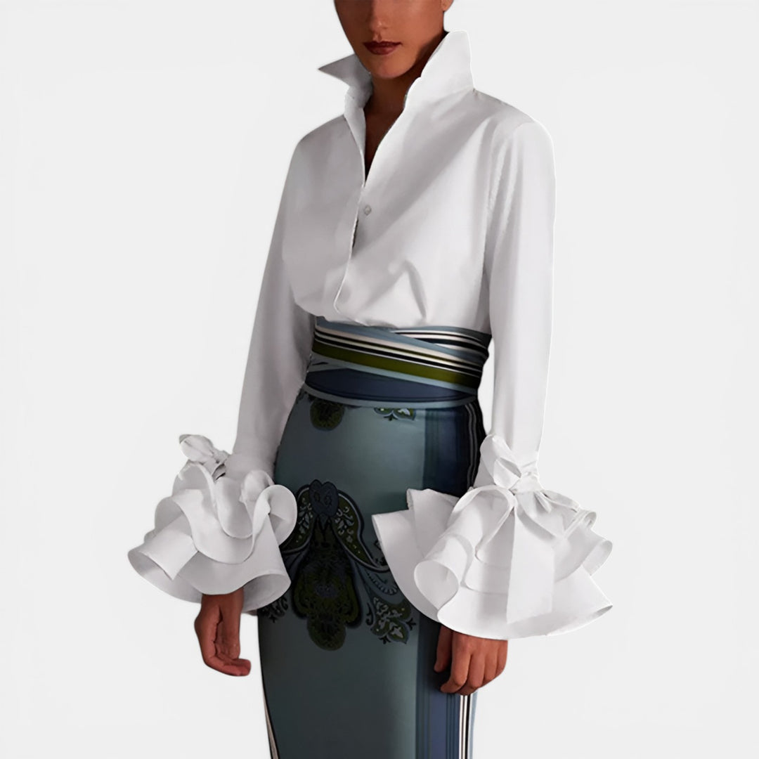 Irene | Long Sleeve Ruffle Cuff Button-Up Blouse