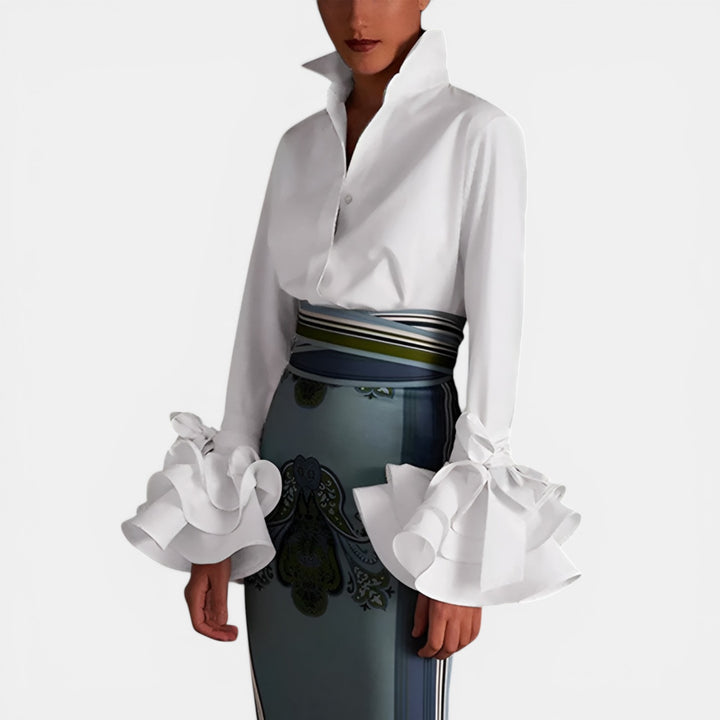 Irene | Long Sleeve Ruffle Cuff Button-Up Blouse