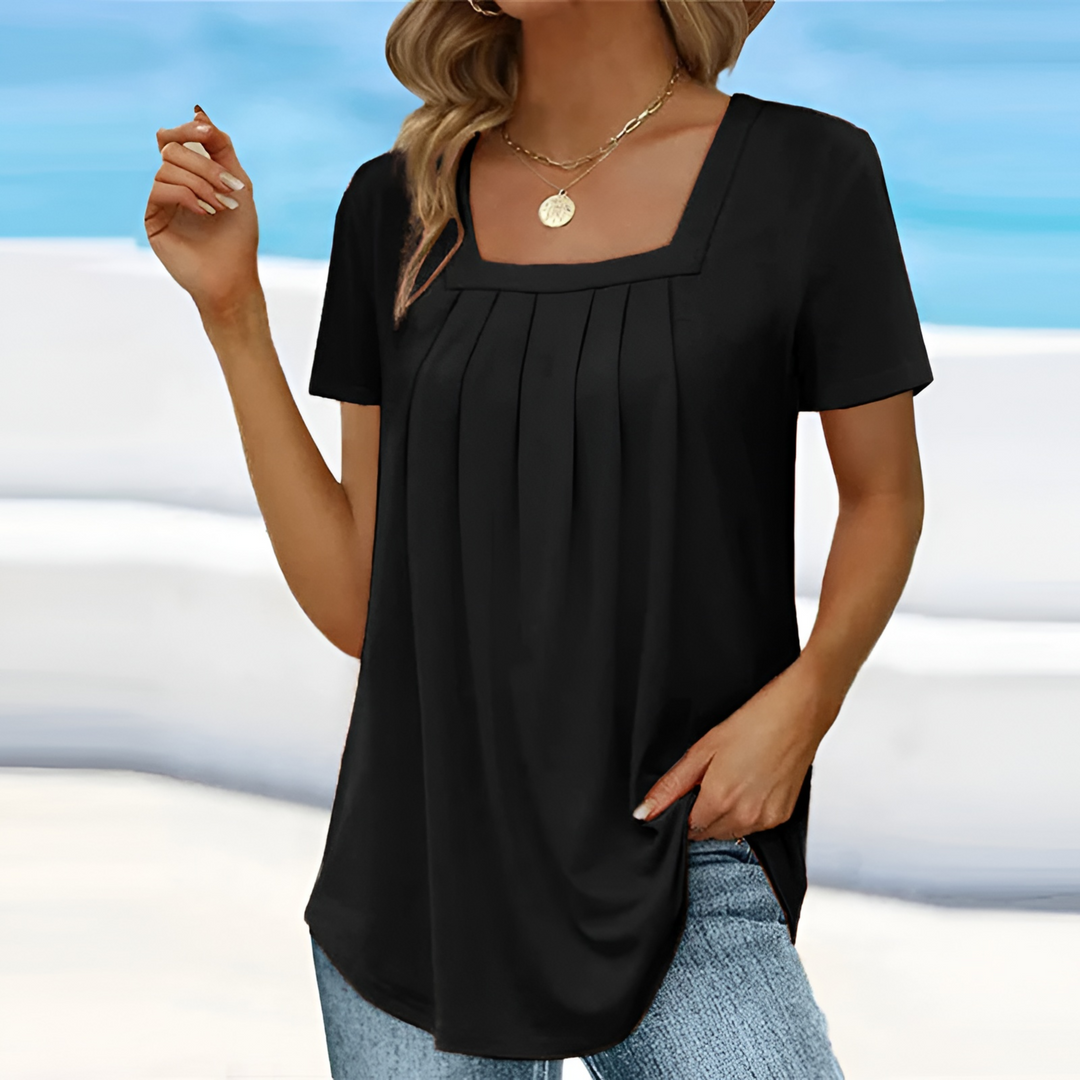 Diane | Square Neck Pleated Short Sleeve Top