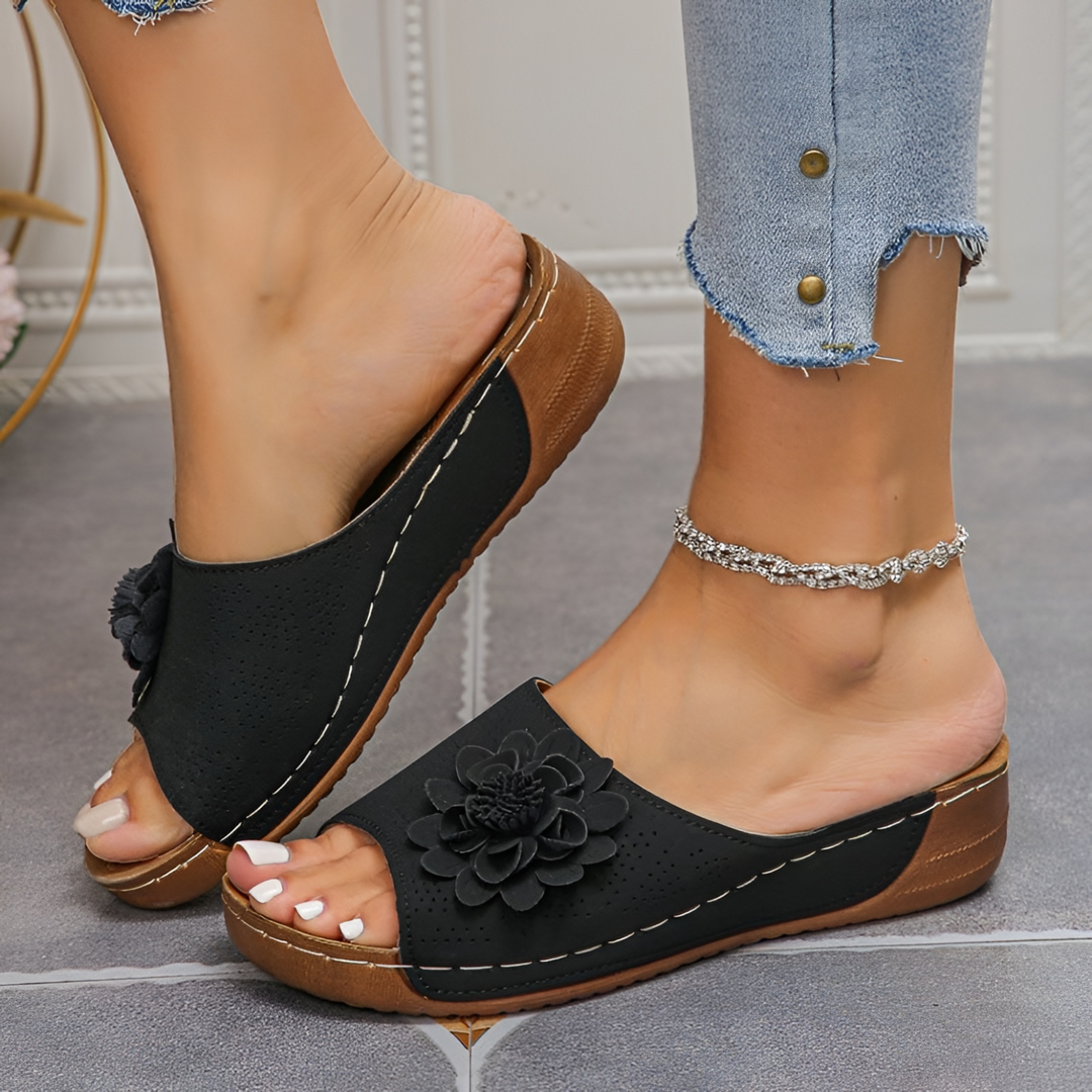 Lucille | Floral Appliqué Low Wedge Slide Sandal