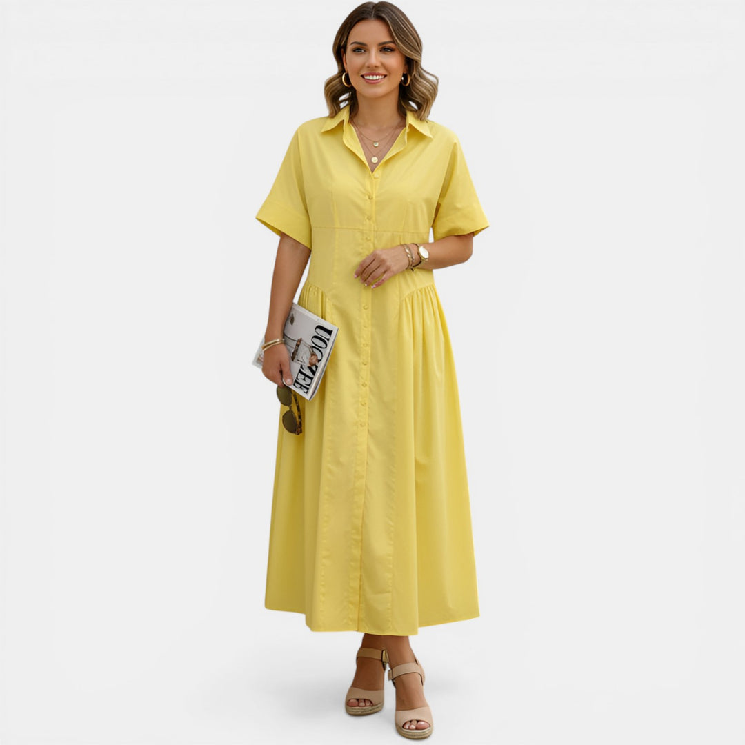 Wanda | Short Sleeve Pleated Midi Shirt Dress