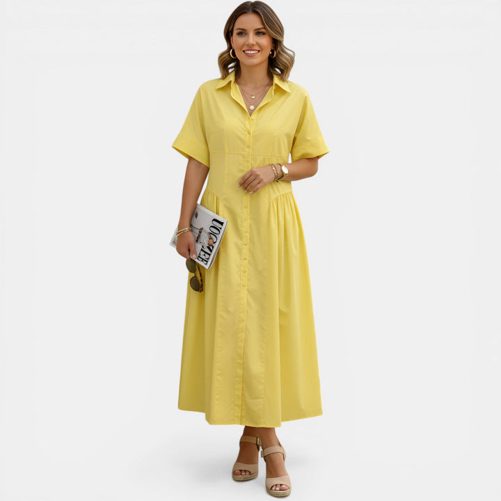 Wanda | Short Sleeve Pleated Midi Shirt Dress