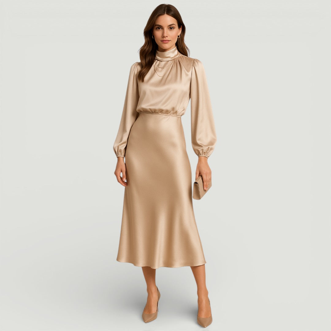 Women's Midi Dress Long Sleeve Wedding Guest Turtleneck Formal Blue / M