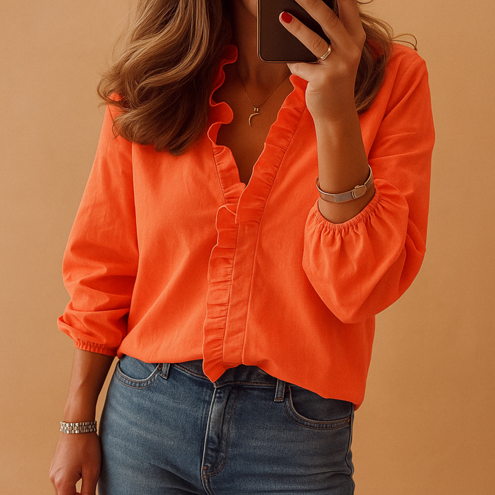Aurelie | Ruffle Trim Long Sleeve Button-Front Blouse