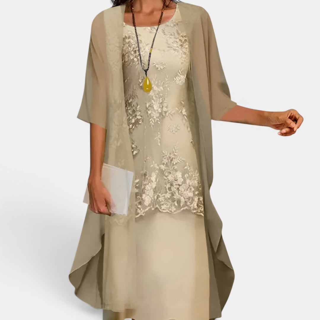 Mildred | Two-Piece Midi Dress Set with Lace Bodice and Sheer Overlay