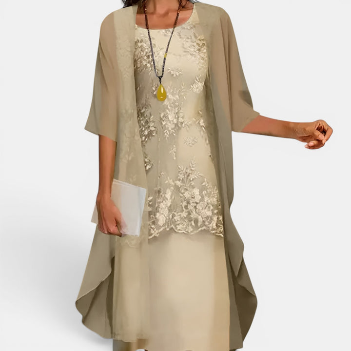 Mildred | Two-Piece Midi Dress Set with Lace Bodice and Sheer Overlay