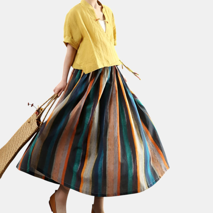 Apolline | Striped Full A-Line Midi Skirt