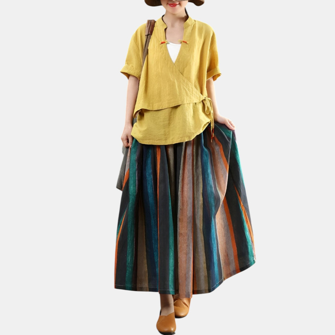 Apolline | Striped Full A-Line Midi Skirt