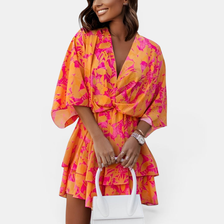 Vivienne | Floral Mini Dress with Twisted Front and Double Ruffle Skirt