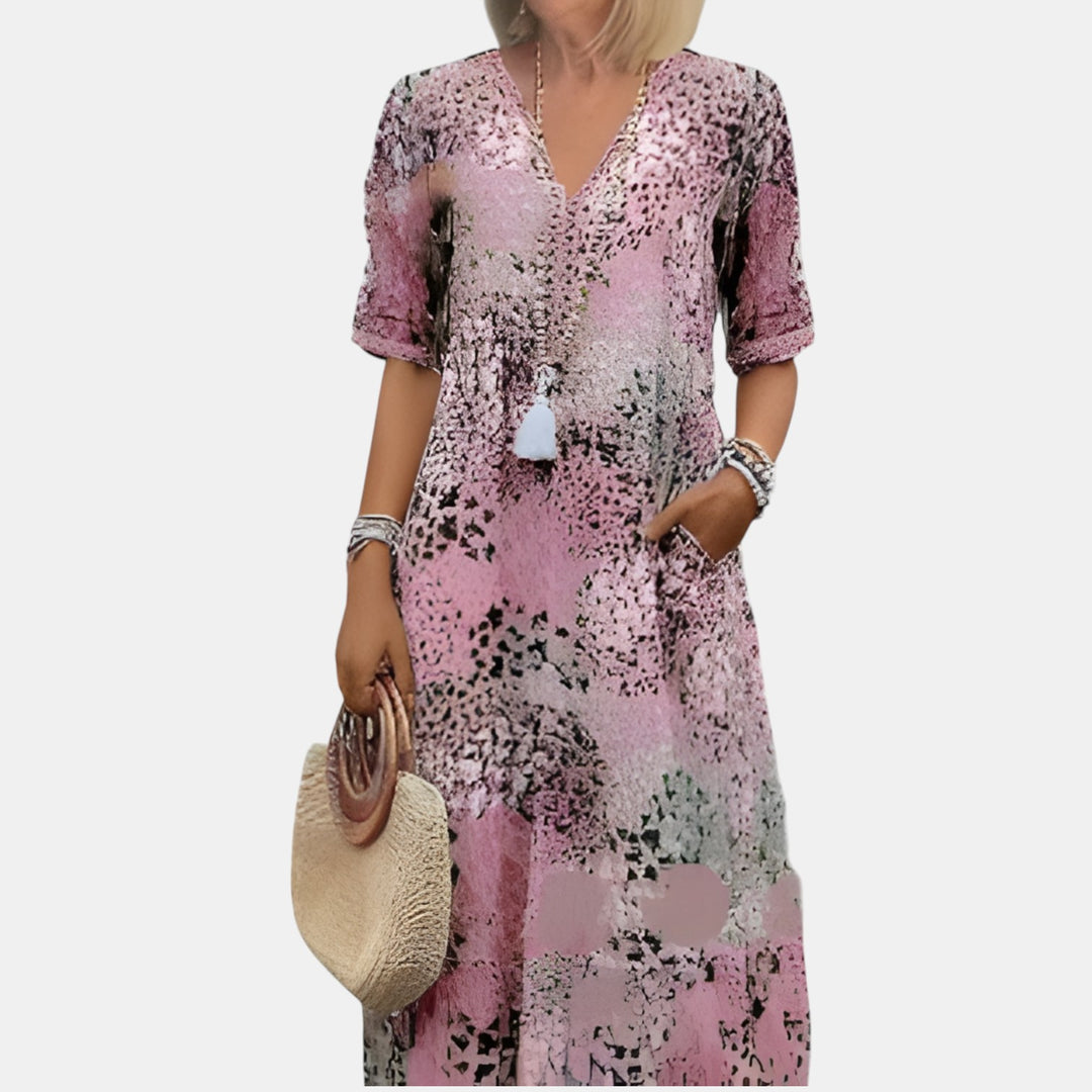 Marlene | Mixed Print V-Neck Midi Dress