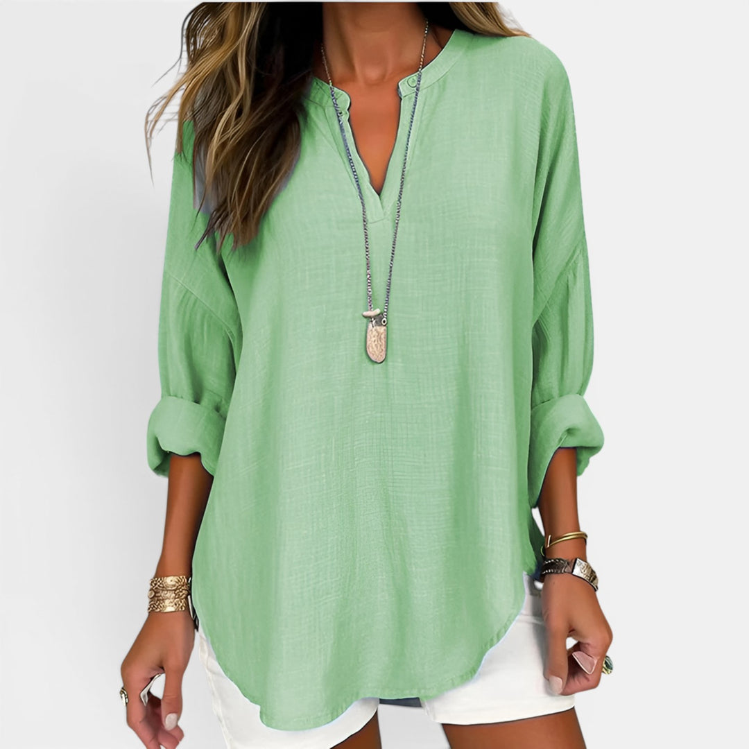 Georgia | Long Sleeve V-Neck Top with Rollable Sleeves