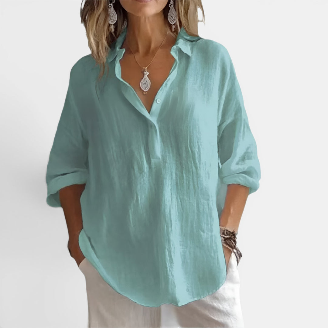 Maxine | Long Sleeve V-Neck Shirt with Partial Button Placket