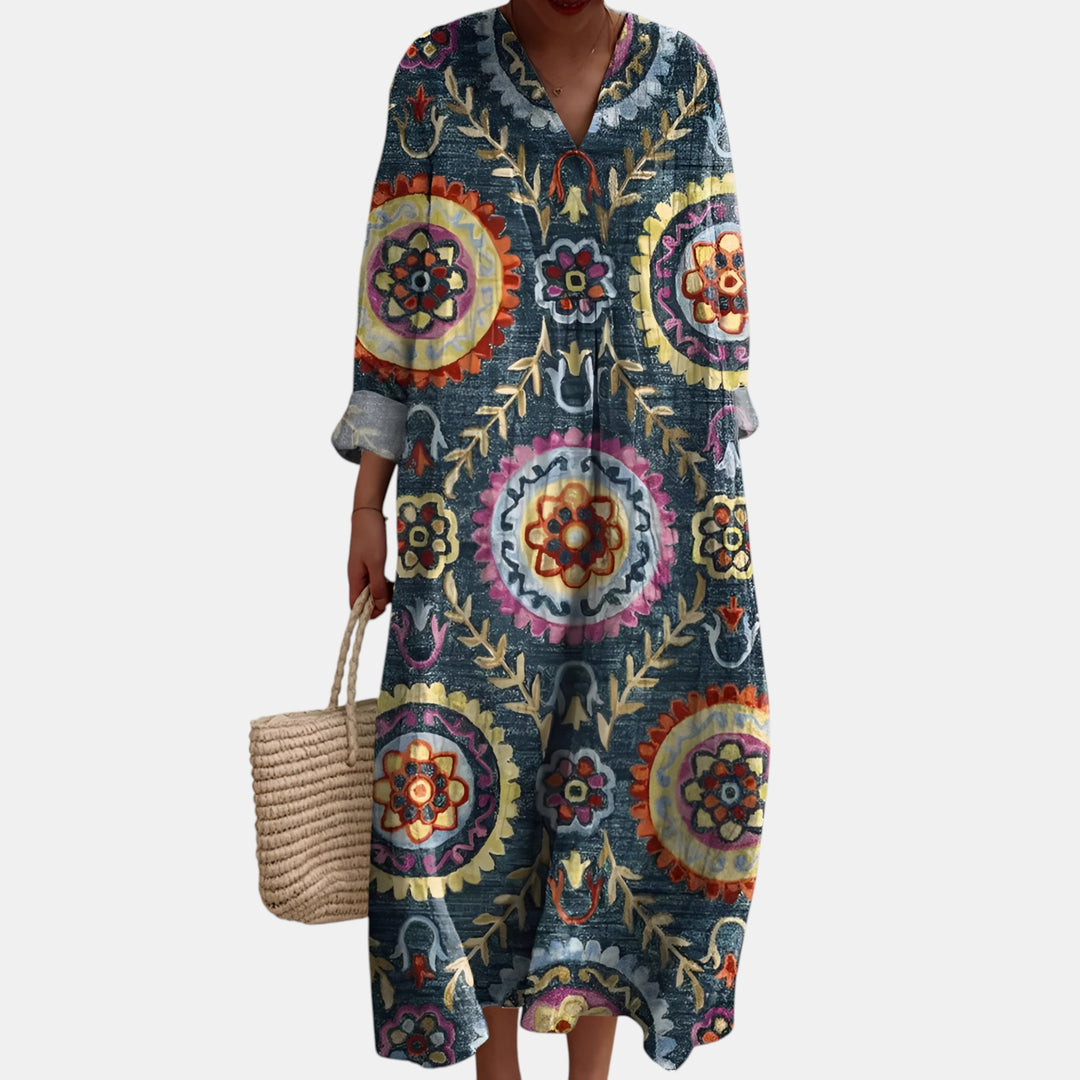 Darlene | Patchwork Print Long Sleeve Maxi Dress