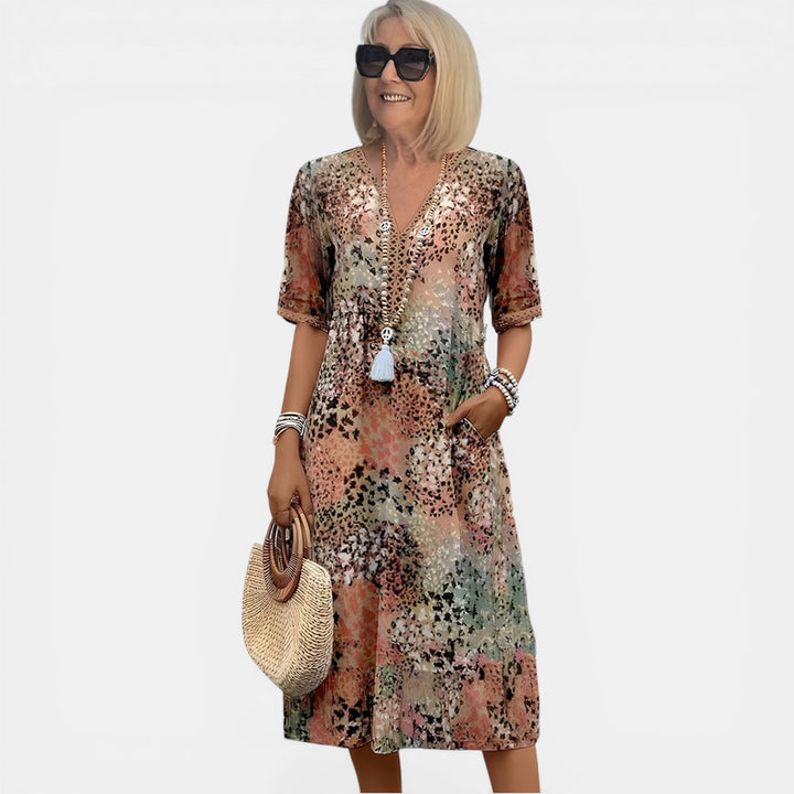 Marlene | Mixed Print V-Neck Midi Dress