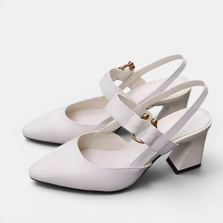 Adriana | Block Heel Pump with Pointed Toe, Ankle Strap and Buckle Detail
