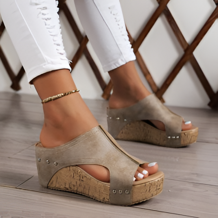 Joanne | Open Toe Wedge Slide Sandal with Cork Platform