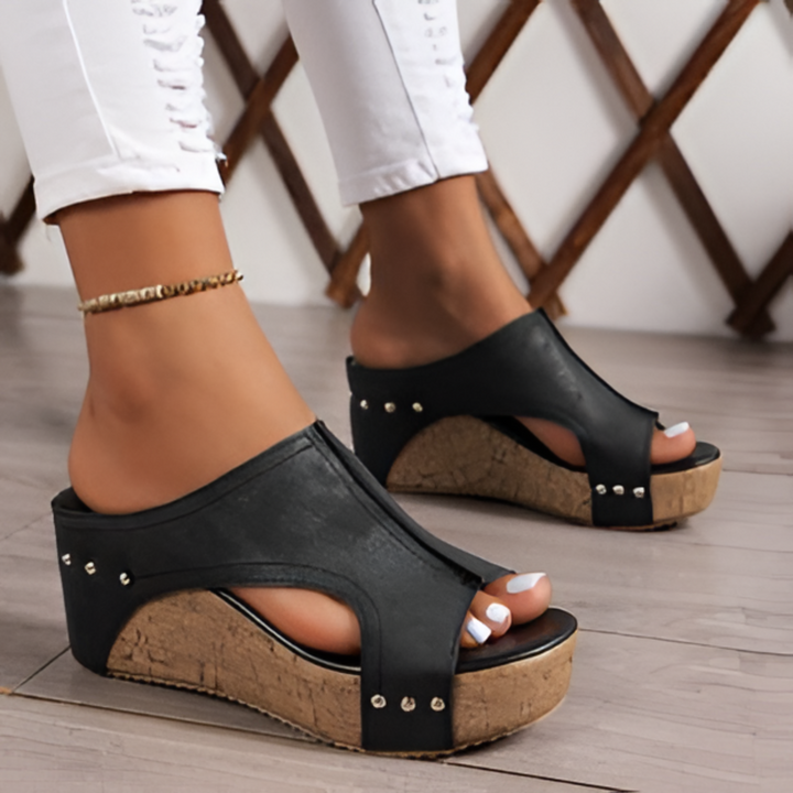 Joanne | Open Toe Wedge Slide Sandal with Cork Platform