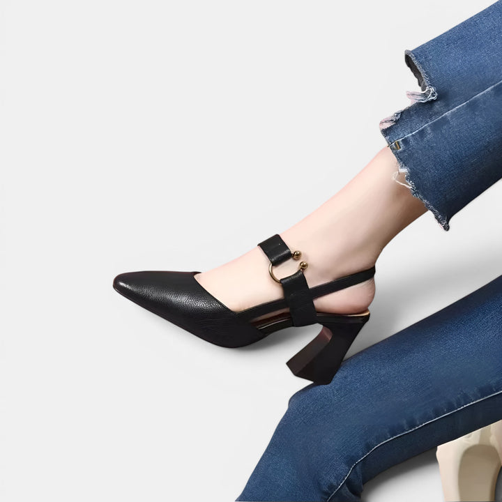 Adriana | Block Heel Pump with Pointed Toe, Ankle Strap and Buckle Detail