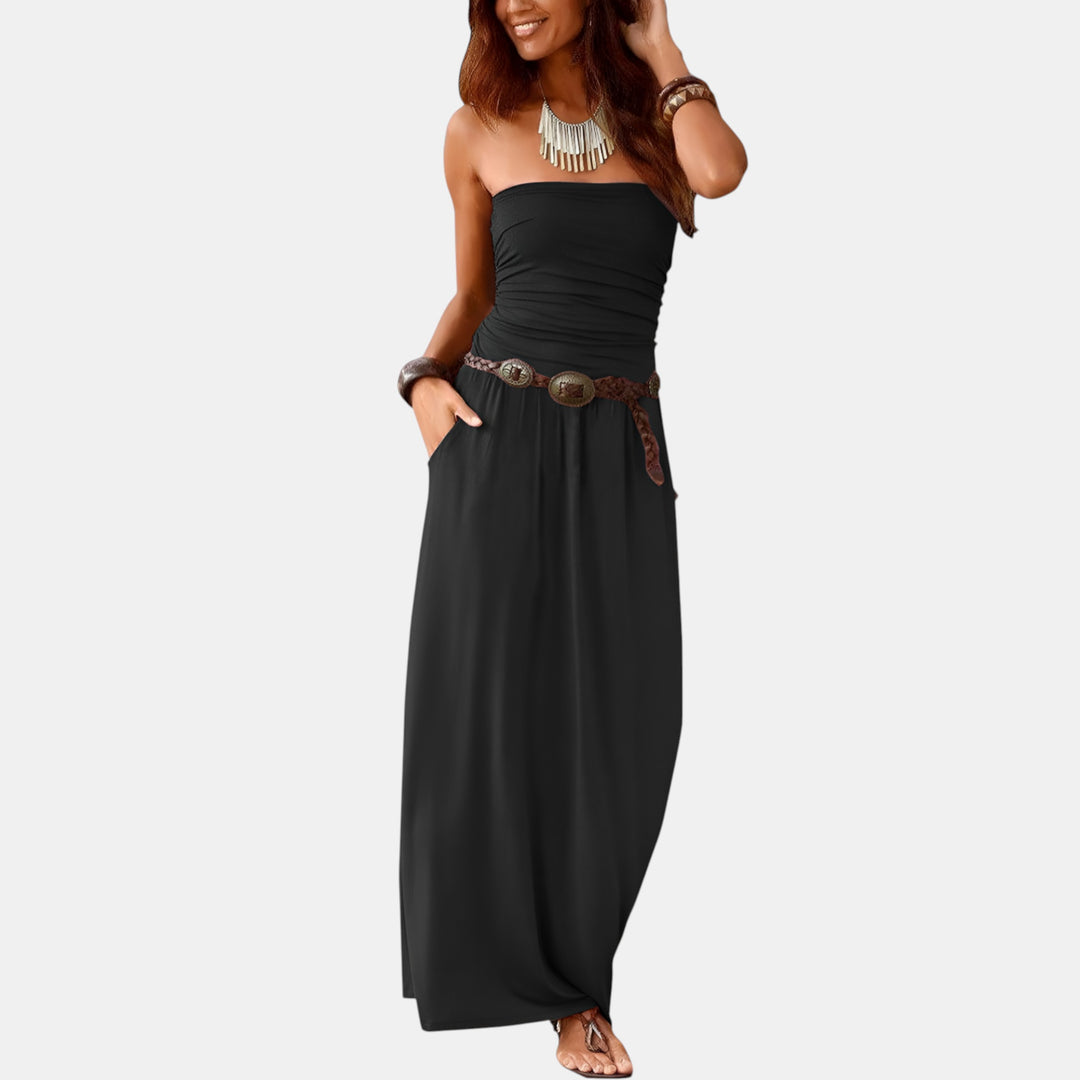 Women's Strapless Maxi Dress Bandeau Pocket Loose Casual Summer Beach Dark Blue / XL