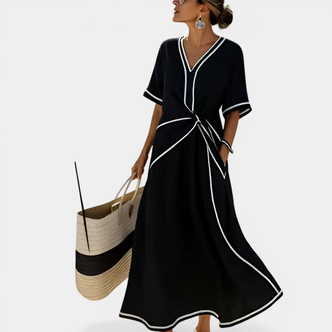 Ramona | Wrap V-Neck Contrast Trim Maxi Dress