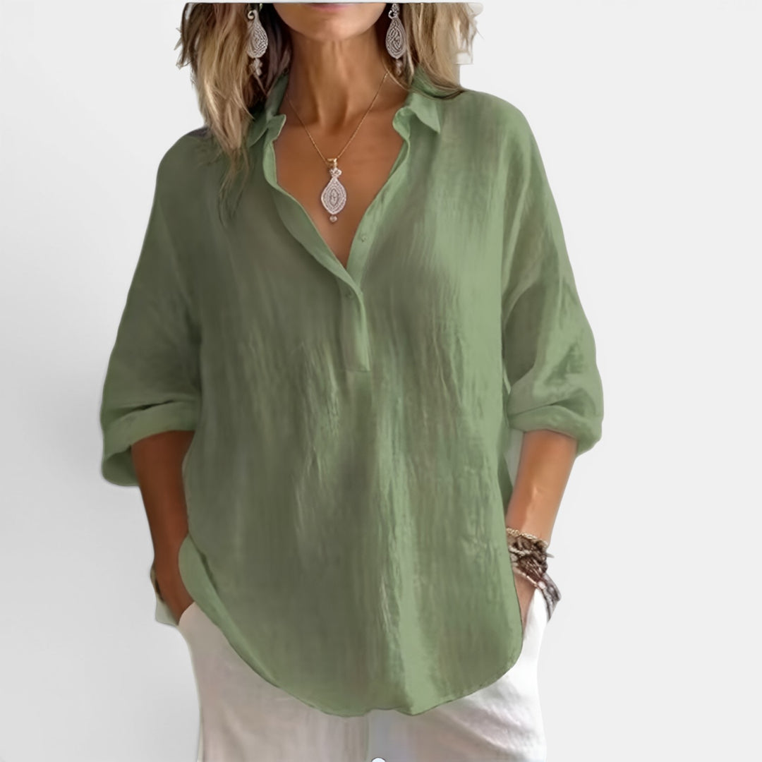 Maxine | Long Sleeve V-Neck Shirt with Partial Button Placket