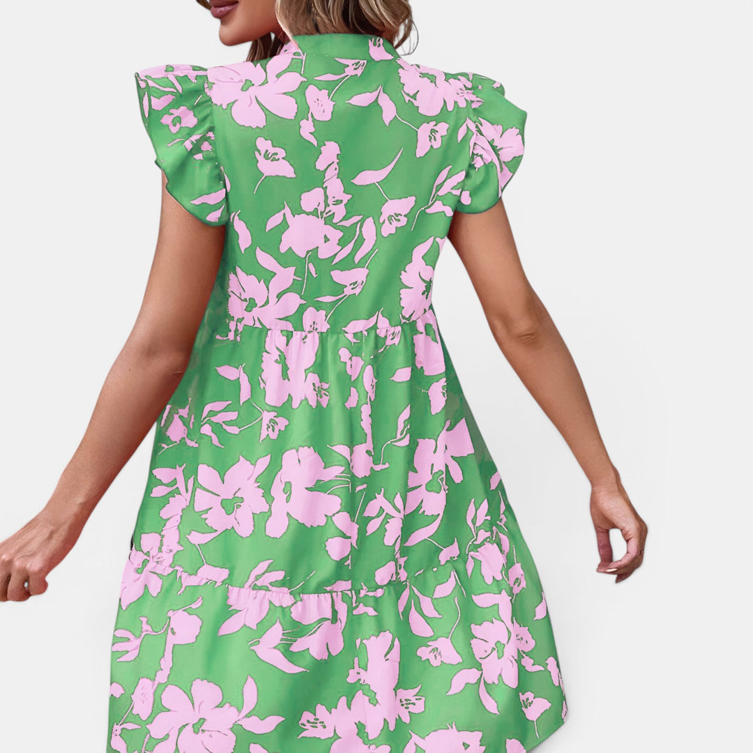 Penny | Mini Floral Dress with V-Neck, Ruffle Flutter Sleeves and Tiered Skirt