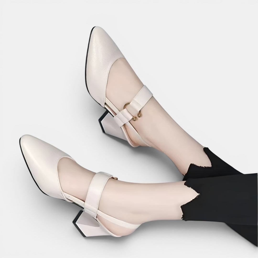 Adriana | Block Heel Pump with Pointed Toe, Ankle Strap and Buckle Detail