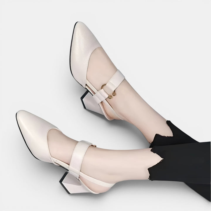 Adriana | Block Heel Pump with Pointed Toe, Ankle Strap and Buckle Detail