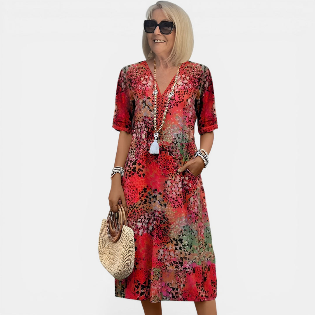 Marlene | Mixed Print V-Neck Midi Dress