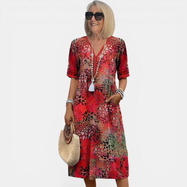 Marlene | Mixed Print V-Neck Midi Dress