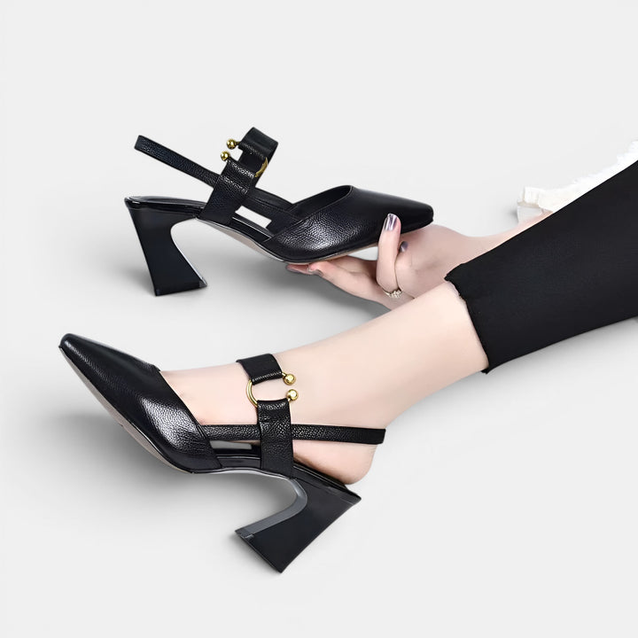 Adriana | Block Heel Pump with Pointed Toe, Ankle Strap and Buckle Detail