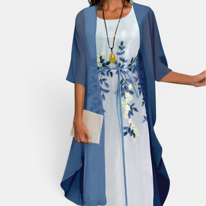 Mildred | Two-Piece Midi Dress Set with Lace Bodice and Sheer Overlay