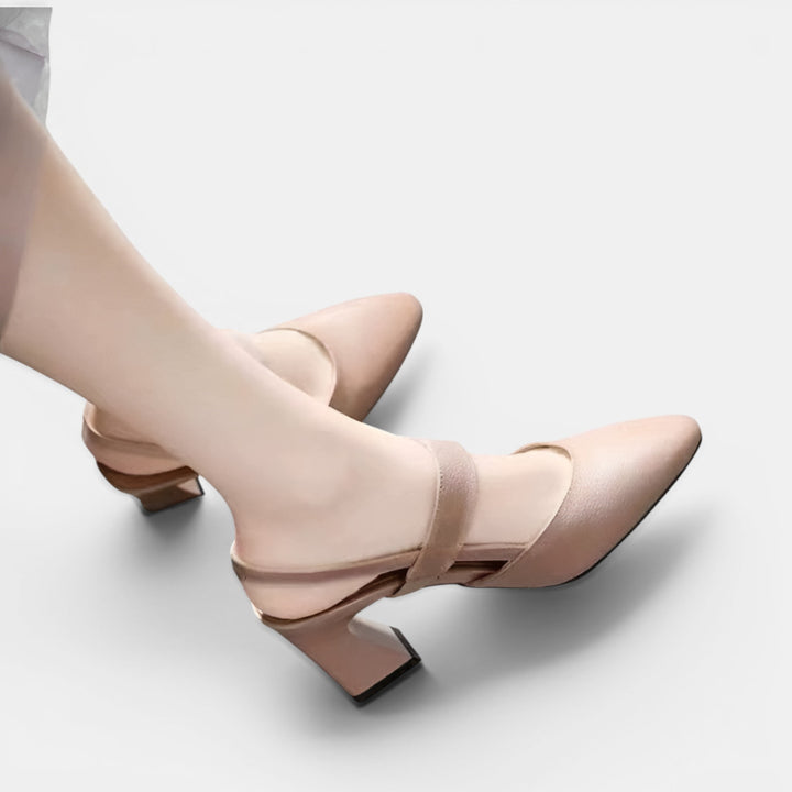Adriana | Block Heel Pump with Pointed Toe, Ankle Strap and Buckle Detail