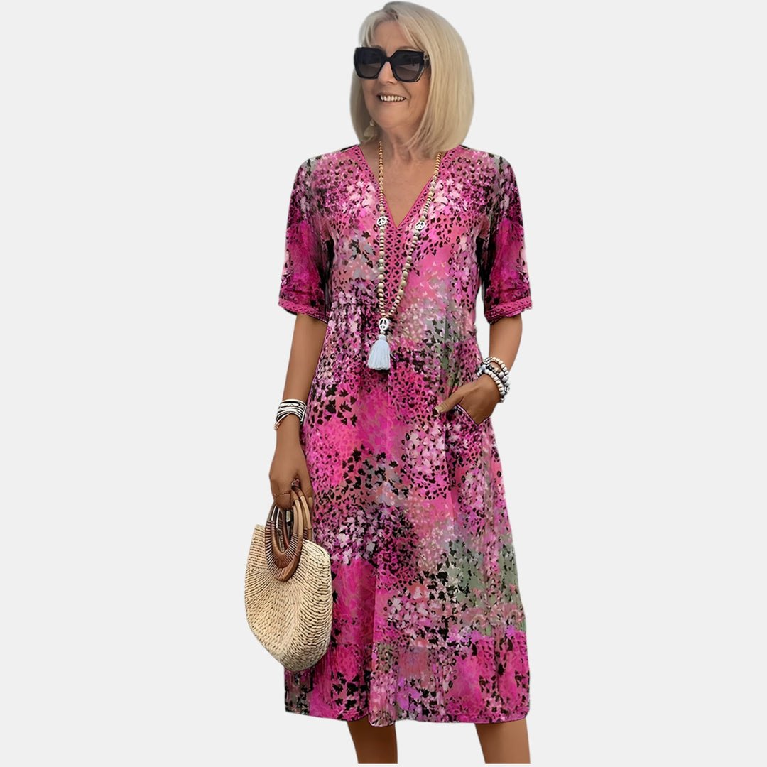 Marlene | Mixed Print V-Neck Midi Dress