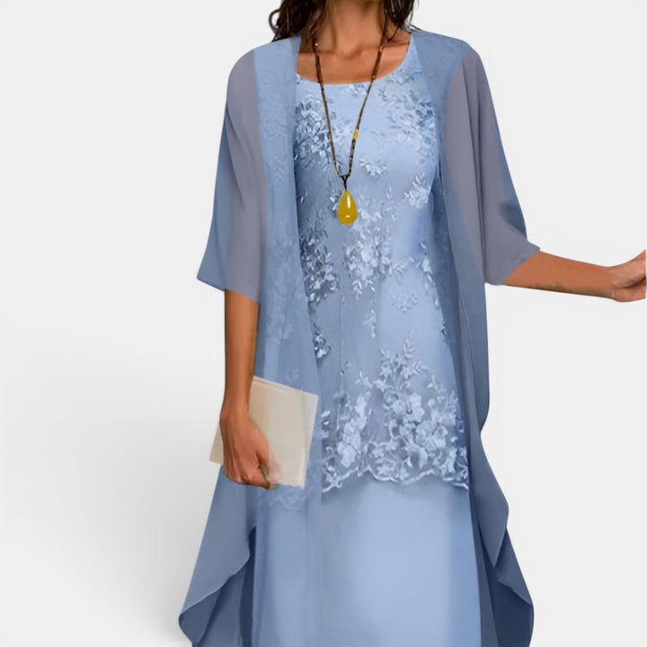 Mildred | Two-Piece Midi Dress Set with Lace Bodice and Sheer Overlay