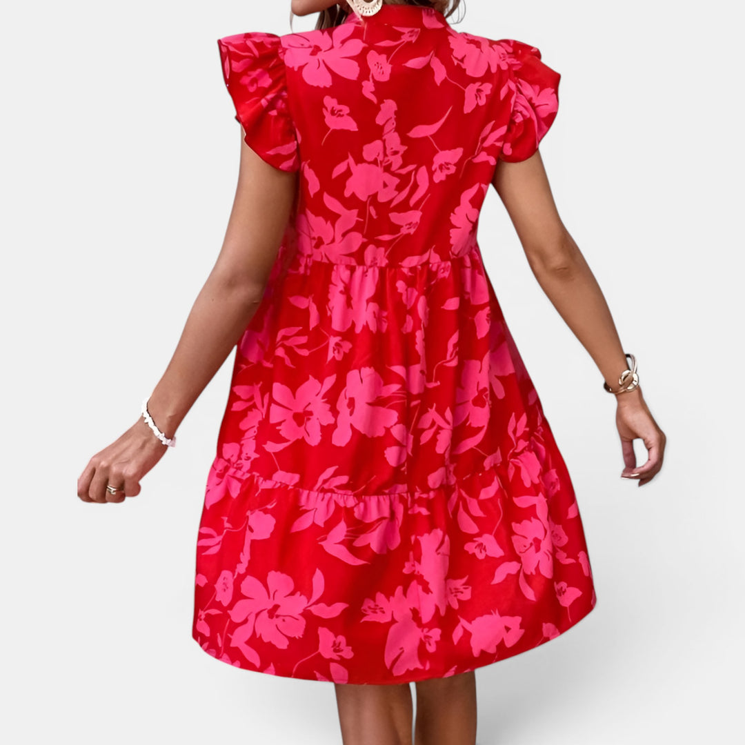 Penny | Mini Floral Dress with V-Neck, Ruffle Flutter Sleeves and Tiered Skirt